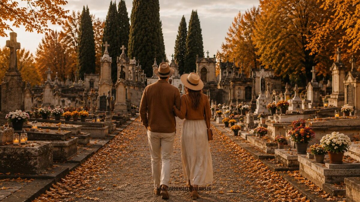 Se promener dans un cimetière pour y fleurir une tombe à la Toussaint